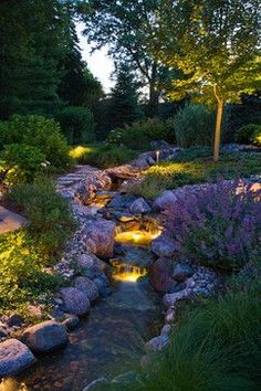 a small stream in the middle of a garden with rocks and plants around it, surrounded by greenery