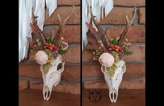 two pictures of antlers with flowers and feathers on them, side by side in front of a brick wall