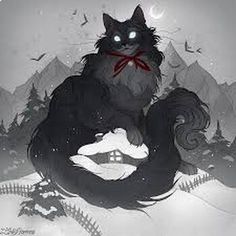 a black cat with glowing eyes sitting on top of a snow covered ground in front of mountains