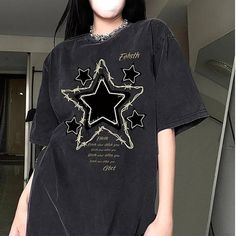 Grunge Summer Casual Tops Goth Embroidery Oversized Aesthetic Clothes Goth Embroidery, Oversized Aesthetic, Grunge Summer, Casual Summer Tops, Plus Size Top, Women Sleeve, Vintage Shorts, Star Shirt, Streetwear Outfit