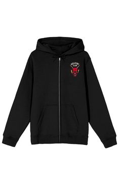 Embrace your love for the supernatural with this adult black Stranger Things long-sleeve zip-up hoodie. Featuring the iconic Hellfire Club logo on the front left lapel, this hoodie is perfect for fans of the hit series. The back showcases striking D&D artwork of a demon skull surrounded by vibrant pink "Hellfire Club" text, adding a bold flair. The adjustable hood offers a customizable fit, ensuring comfort in any situation. Made from a comfortable blend of cotton and polyester, this hoodie is i D D Artwork, Hellfire Club, Pacsun Mens, Club Logo, Game Board, Zip Up Hoodie, Pacsun, Zip Up, Black Hoodie