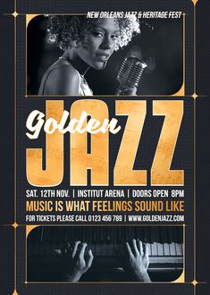 a flyer for a jazz concert with an image of a woman holding a microphone