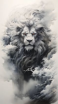 a painting of a lion with red eyes and long manes, surrounded by clouds