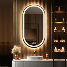 a bathroom with a large round mirror on the wall and shelves in front of it