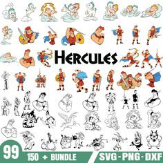 various cartoon characters with the word hercules on them, all in different poses and sizes