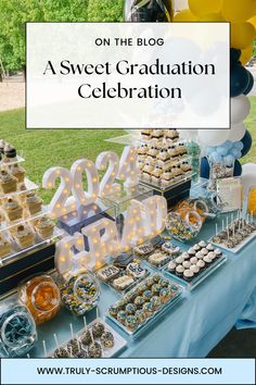 an image of a graduation celebration with desserts on the table and balloons in the background