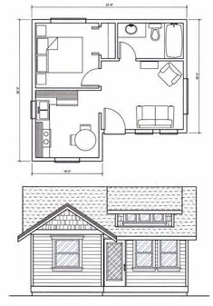 the floor plan for a small cabin with one bedroom and an attached living room area