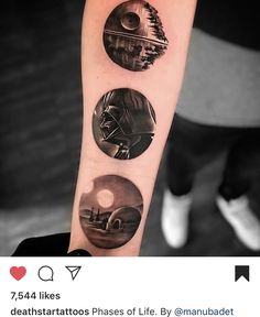 a person with a star wars tattoo on their arm and the words deathstartroos phases of life by manubadet