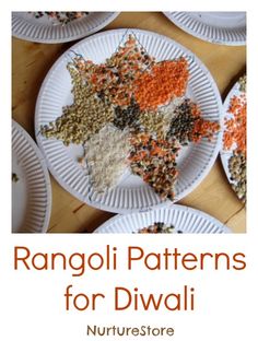 paper plates filled with different types of food on top of a wooden table and the words rangoli patterns for diwali written in large letters