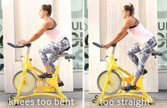 a woman is riding on an exercise bike