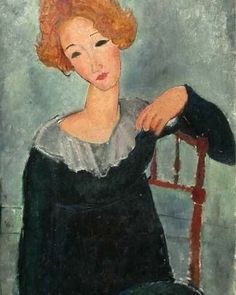 a painting of a woman sitting on a chair with her arm resting on the back