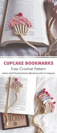 an open book with crocheted flowers on it and the title cupcake bookmarks free crochet pattern