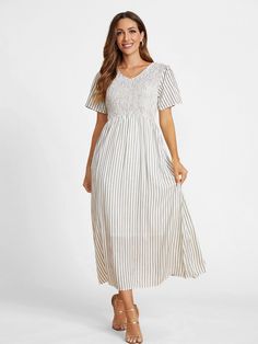 Stripe Pockets V-neck White Short Sleeve Maxi Dress Modest Maxi Dress, Short Sleeve Maxi Dress, Maxi Dress For Women, Maxi Dress Sale, Dresses Cheap, Short Sleeve Maxi Dresses, Glamorous Dresses, Midi Dress Casual, Sleeve Maxi Dress