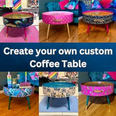 coffee table made from upcycled furniture with colorful designs on the top and bottom