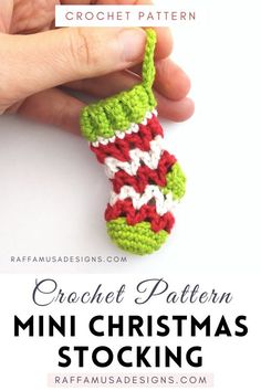 crochet christmas stocking with text overlay that reads, crochet pattern mini christmas stocking