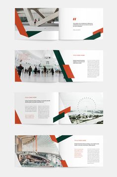 three different layouts for a brochure with an orange and green stripe