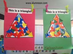 two bulletin boards decorated with different shapes and sizes, one has the words this is a triangle