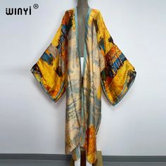 Kimono Kaftan Boho Soft Cardigan  Batwing Sleeve  Brand Name : winyi    Material : Rayon    Pattern Type : Print    Style : Young Style    Young Style : Bohemian    Age : 25-34    Fit : Fits larger than usual. Please check this store's sizing info One Size Printed Kimono For Fall, Printed One-size Kimono For Fall, Printed Long Kimono For Fall, Multicolor Free Size Long Sleeve Kimono, One Size Long Printed Kimono, Free Size Long Sleeve Fall Kimono, Bohemian Open Front Printed Cardigan, Bohemian Yellow Long Sleeve Kimono, Yellow Bohemian Cardigan For Summer