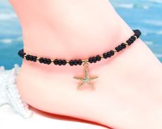 Black starfish anklet, ankle bracelet, gift under 30, foot jewelry by CustomAnkletsByLori on Etsy Blue Anklet, Starfish Anklets, Boot Bracelet, Beach Anklets, Hippy Gifts, Boot Jewelry, Foot Jewelry, Ankle Bracelet, Anklet Jewelry