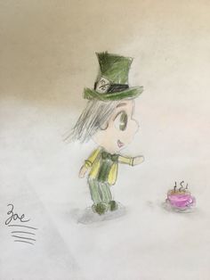 a drawing of a little boy with a hat and green pants standing next to a cake