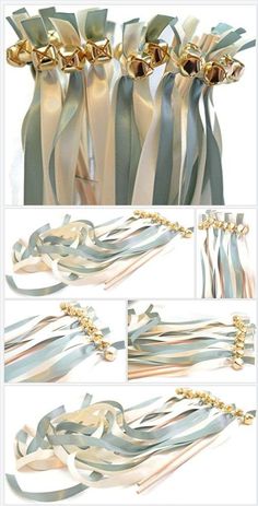 the instructions for how to tie satin ribbons with gold beads and pearls on each side