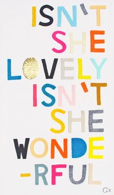 the words are written in multicolored letters on a white background with gold foil