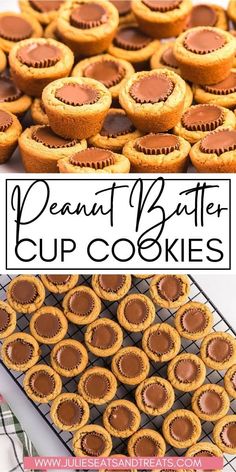 peanut butter cupcakes on a cooling rack with the words peanut butter cup cookies above them