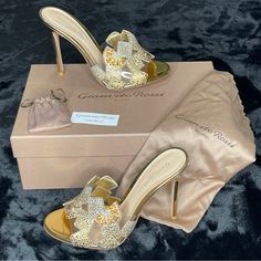 Authentic New In Box Stunning Rare Gianvito Rossi Sabot Crystal Gold Mules 7.5 (37.5) Runs 1/2- 1 Size Small Like Most Euro Heels That Are Made More Slender /Narrow.. Mint Condition New In Box, Dust Bags, Extra Heel Taps With Cards. Compare Insole Measurements To Your Heel At Home If Your Unsure If Fit. These Are Approx 9.5”- 9.75” Toe To Heel. Also The Open Mule Design Makes Its Size A Lot More Flexible They’re Forgiving & Flexible. Trusted 12+Yr Posh Ambassador & Posh Verified Luxury Reseller! Luxury Gold Slip-on Heels, Gold Slip-on Heels For Wedding, Elegant Gold Slip-on Sandals, Gold Slip-on Heels For Formal Occasions, Gold Slip-on Heels For Evening, Glamorous Slip-on Formal Heels, Glamorous Slip-on Heels For Formal Occasions, Luxury Slip-on Heels For Evening, Designer Slip-on Party Sandals