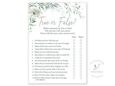 a printable true or false checklist with white flowers and greenery on it