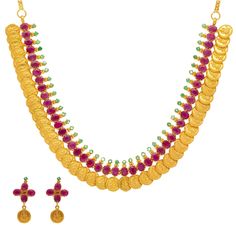 An image of the 22K gold necklace set from Virani Jewelers. Kasu Necklace, Kasu Mala, 22k Gold Necklace, Gold Temple Jewellery, Gold Bead Necklace, Gold Necklace Set, Necklace And Earrings Set, Mala Necklace, Temple Jewellery