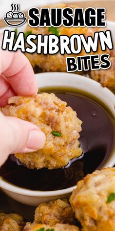 someone dipping sauce on some fried food in a white bowl with the words sausage hashbrown bites above it