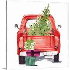 a painting of a red truck with a christmas tree in the back and presents under it