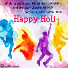 happy holi day wishes with colorful silhouettes and dancing people on watercolor background