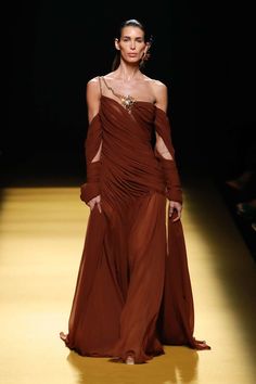 Acotar Fashion, Movie Gowns, Brown Chiffon Dress, Isabel Sanchis, Chanel Loafers, Runway Gowns, Brown Dresses, Fasion Outfits, Fantasy Dresses