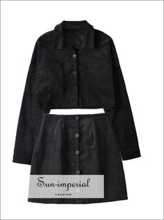 Women Black Buttoned Cropped Corduroy Jacket and Corduroy Buttoned front Slim Mini Skirt Set Black Courderoy Skirt, Button Front Corduroy Skirt, Button-up Corduroy Top With Corduroy Collar, Courduroy Mini Skirt, Corduroy Mini Skirt With Button Closure, Imperial Fashion, Autumn Clothing, Mini Skirt Set, Corduroy Jacket