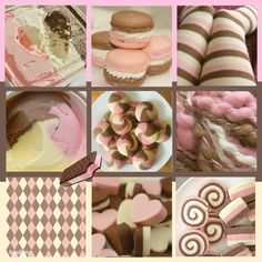 a collage of pink, brown and white desserts with hearts in the middle