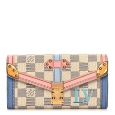 This is an authentic LOUIS VUITTON Damier Azur Summer Trunks Sarah Wallet NM. This stylish wallet is crafted of lovely Louis Vuitton signature damier on toile canvas in azur blue and white printed with a pastel trunk silkscreen print. This wallet features an envelope style front flap that opens with a polished brass press lock closure to a pink cross grain leather interior. Inside the wallet is a compartmentalized interior featuring two card slot panels, a bill fold pocket and a central zipper c Luxury Multicolor Wallets With Card Slots, Luxury Multicolor Wallets For Travel, Designer Multicolor Travel Wallet, Pink Cross, Silkscreen Print, Luxe Life, Louis Vuitton Damier Azur, Silk Screen Printing, Leather Interior