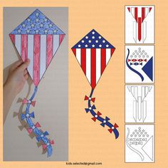 an american flag kite is being made with colored paper and string, as well as instructions on how to make it