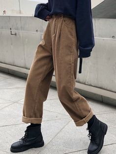 Corduroy Pants Women, Cords Pants, Womens Wide Leg Pants, Business Casual Outfits For Women, Korean Casual, Brown Pants, Straight Trousers, Fleece Pants, 가을 패션