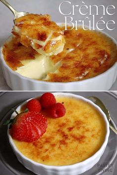 two pictures of creme brulee with strawberries in the bowl