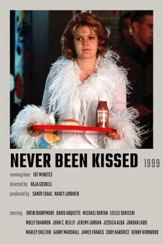 the poster for never been kissed, featuring a woman holding a tray with drinks on it