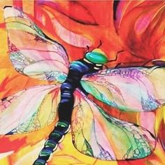 a painting of a dragonfly sitting on top of a flower