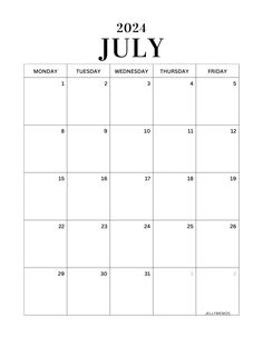 a july calendar with the word july in black and white, on a white background