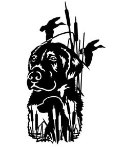 a black and white drawing of a dog in tall grass with a bird on it's back