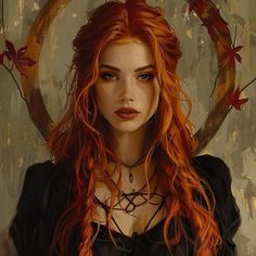 a painting of a woman with long red hair wearing a black dress and necklaces