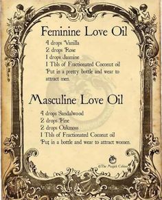 Attraction Perfume Spell, Feminine Love Oil, Lilith Essential Oils, Herbal Potions Recipes, Love Perfume Witchcraft, Witch Perfume Recipes, Attraction Oil Recipe Witchcraft, Beauty Potions Witchcraft, Witch Oils How To Make