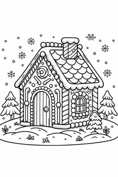 a house with snowflakes on the roof and trees around it, outlined in black and white