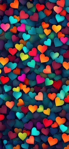 many different colored hearts floating in the air with bright colors and shapes on it's surface