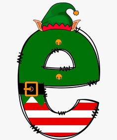 the letter e is decorated with an elf's hat