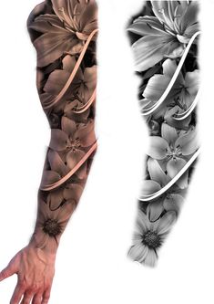 the arm is covered with flowers and has an artistic tattoo design on it's left arm